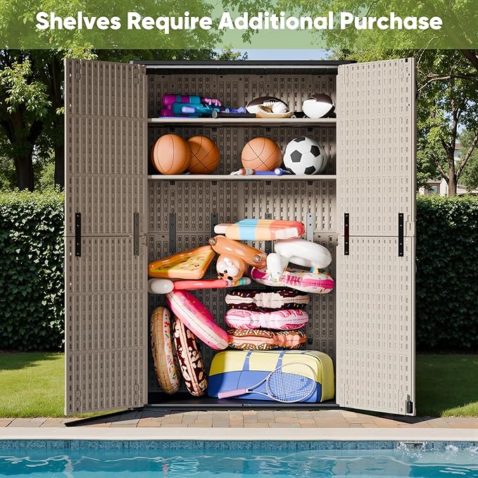 Devoko Outdoor Storage Cabinet 50 Cu Ft with Lockable Doors, Vertical Storage Shed Waterproof Patio Tools Storage Box for Sofa Cushions, Gardening Tools and Accessories (Beige) - Image 5