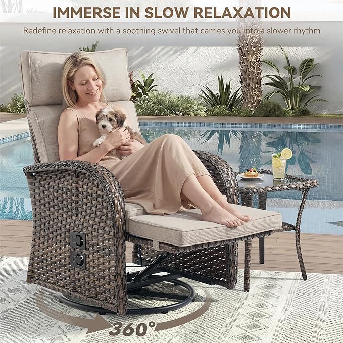 Zero Gravity Patio Swivel Rocking Recliner Chairs Set of 2 - Wicker Outdoor Lounge Chair with Adjustable Backrest & Footrest, All Weather Reclining Rocker Chairs with Thick Cushion for Pool Deck Beige - Image 4