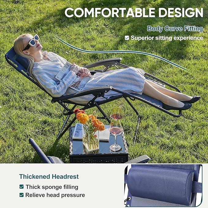 NEWBULIG Zero Gravity Chair Set of 4, Lounge Chair Folding Portable Adjustable Camping Reclining Chairs with Adjustable Pollow, Mesh Back, Cup Holder Trays Lawn Patio Chair for Pool Beach - Blue - Image 3