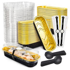 100 Pack Mini Cake Pans with Lids and Spoons Black Gold Rectangular Aluminum by NPLUX