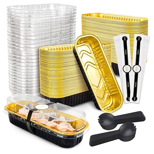 100 Pack Mini Cake Pans with Lids and Spoons Black Gold Rectangular Aluminum by NPLUX