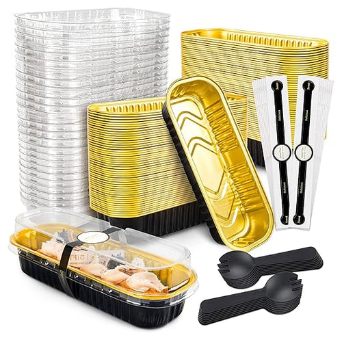 100 Pack Mini Cake Pans with Lids and Spoons Black Gold Rectangular Aluminum by NPLUX