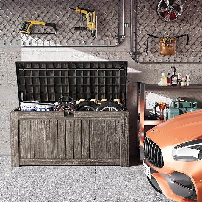 Greesum Outdoor Storage Box 120 Gallon Storage Bin with Lid for Patio Furniture, Garden Tools, Pool Supplies, Lockable, Waterproof and UV Resistant, Coffee - Image 3