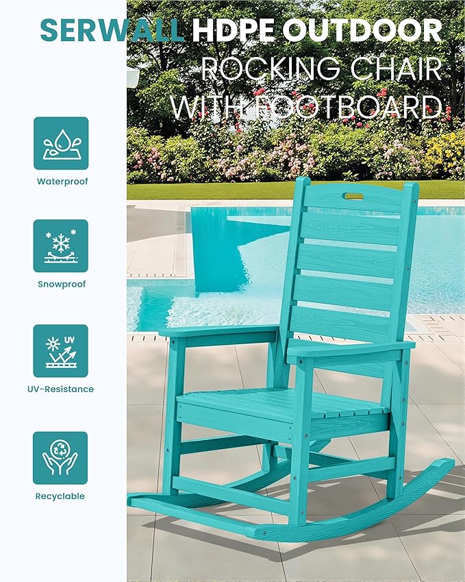 SERWALL Outdoor Rocking Chair, Oversized Rocking Chair with Footrest for Adults, HDPE All Weather Resistant Rocking Chairs for Patio, 350lbs Weight Capacity, Aruba - Image 4