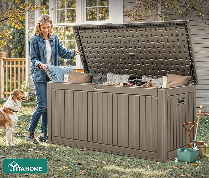 YITAHOME 260 Gallon Large Deck Box with Divider & Side Handles, Outdoor Double-Wall Storage for Patio Furniture Cushions, Garden Pool Accessories, Waterproof & Lockable - Image 7