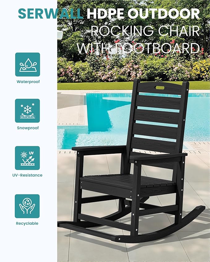 SERWALL Outdoor Rocking Chair Set of 2, Oversized Rocking Chair with Footboard for Adults, HDPE All Weather Resistant Rocking Chairs for Patio, 350lbs Weight Capacity, Black - Image 4