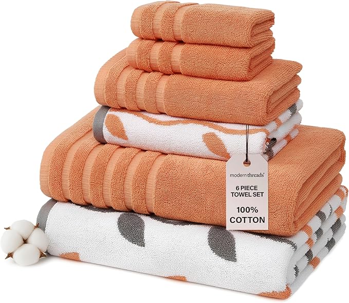 Modern Threads Organic Vines 6-Piece 100% Cotton Towel Set – Yarn Dyed Jacquard by ModernThreads
