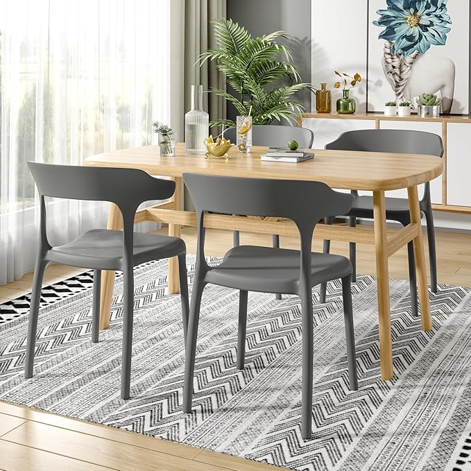 VECELO 4 Pack Plastic Stacking Chairs, Stackable Dining Chairs for Kitchen Restaurant Patio, Portable Indoor Outdoor Use, No Assembly Required, Gray - Image 2