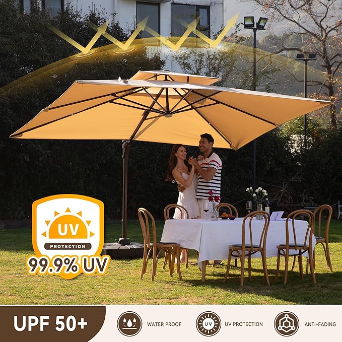 10 X 13 FT Cantilever Outdoor Patio Umbrella with Base Included Large Heavy Duty 360° Rotation Double Top Offset Rectangular Umbrellas with Led Lights for Backyard Outside Deck, Beige - Image 4