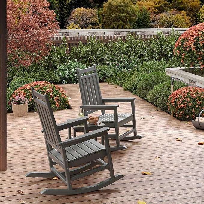 HDPE Rocking Chair Outdoor Set of 2 with Side Table - Poly High Back Porch Rocker Chairs for Adults - All Weather Resistant Furniture for Patio Front Porch - Gray - Image 8