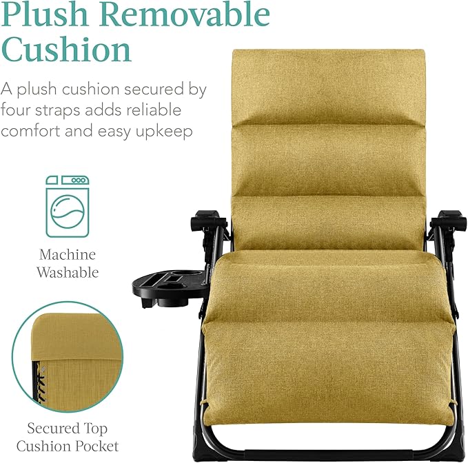 Best Choice Products Oversized Zero Gravity Chair, Folding Outdoor Patio Recliner, XL Anti Gravity Lounger w/Removable Cushion, Cup Holder, Side Tray, 350lb Capacity - Sunflower Yellow - Image 3