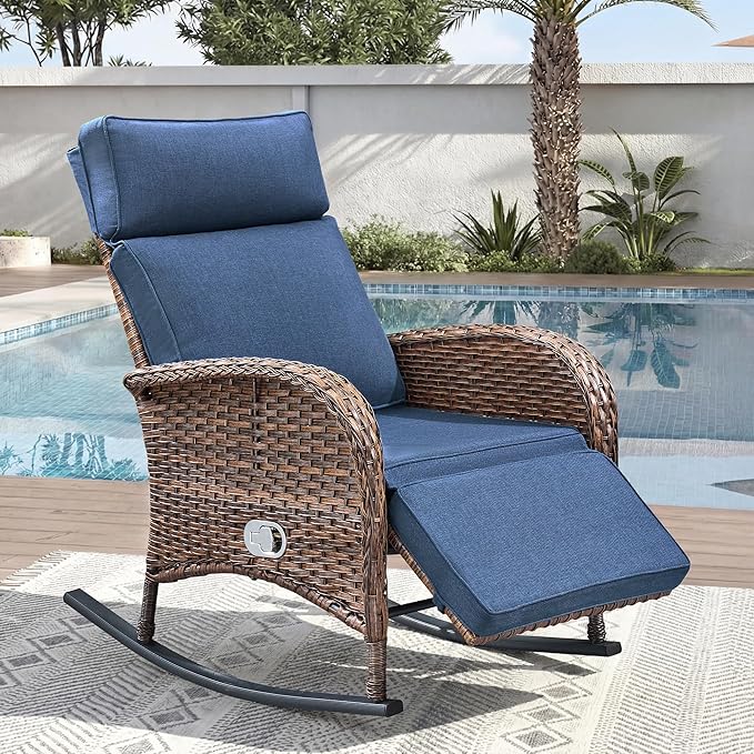 Zero Gravity Patio Rocking Wicker Recliner Chair - Wicker Outdoor Lounge Chair with Adjustable Backrest & Footrest, All Weather Reclining Rocker Chairs with Thick Cushion for Pool Deck Blue by JelwalyPatioFurnitureSet
