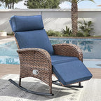 Zero Gravity Patio Rocking Wicker Recliner Chair - Wicker Outdoor Lounge Chair with Adjustable Backrest & Footrest, All Weather Reclining Rocker Chairs with Thick Cushion for Pool Deck Blue by JelwalyPatioFurnitureSet
