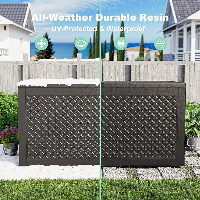 110 Gallon Resin Deck Box, Lockable Patio Outdoor Storage Box for Furniture, Garden Tools and Tools Storage, Waterproof Outside Storage Boxes - Patterned black - Image 7