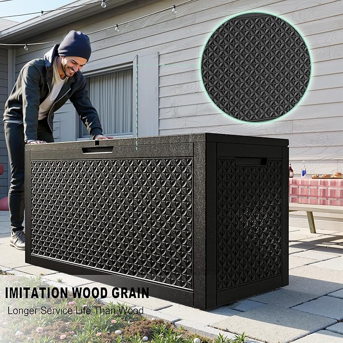 ROJIK Outdoor Storage Housing Deck Box - Waterproof Patio Furniture, Garden Tools, Cushions, Pool Accessories Storage Bench with Lockable Lid and Side Handles (Black,125 Gal) - Image 3