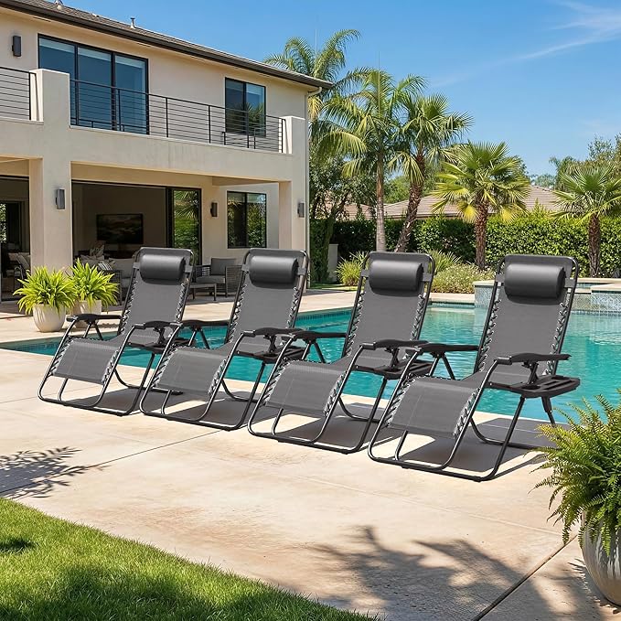 Homall Zero Gravity Chair Patio Folding Lawn Outdoor Lounge Gravity Camp Reclining Lounge Chair with Cup Holder Pillows for Poolside Backyard and Beach Set of 4 (Grey) - Image 2