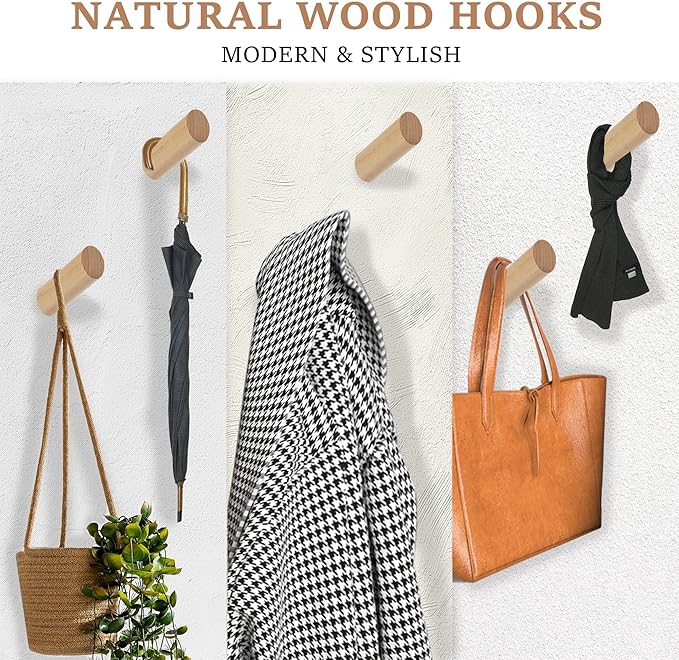 evory 6 Natural Wood Hooks for Wall, Rustic Wooden Coat Hooks Wall Mount - Image 4