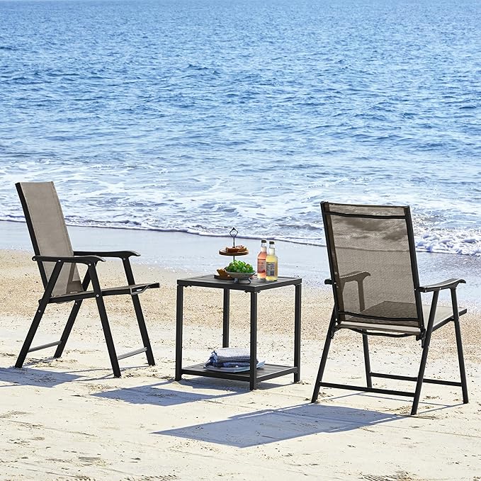 Yaheetech Patio Dining Chairs Set of 2, Portable Dining Chairs with Armrests for Camping, Lawn and Beach, Folding Patio Chairs 2-Pack of Metal Frame, Brown - Image 9