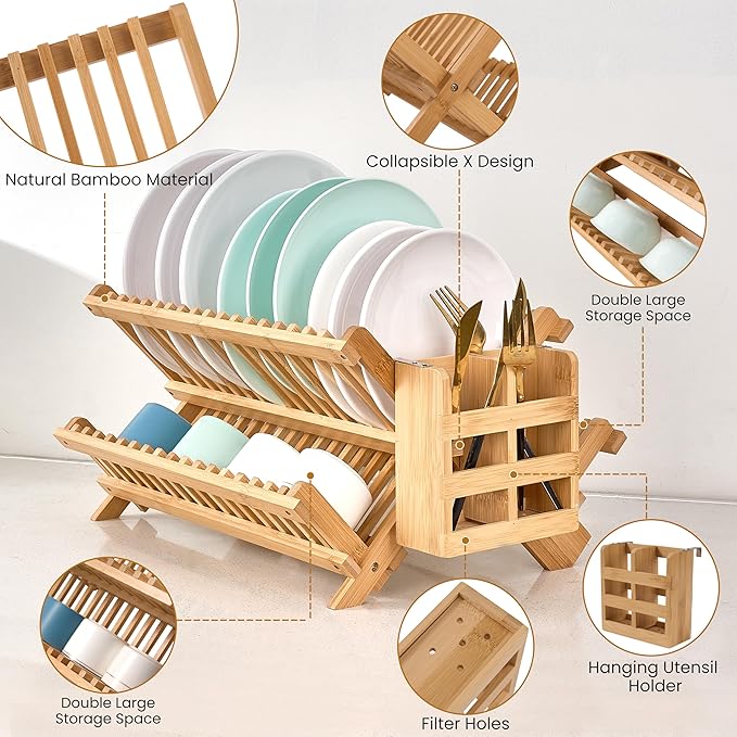 Bmaboo Dish Drying Rack for Kitchen Counter 3-Tier Collapsible Wooden Dish - Image 4