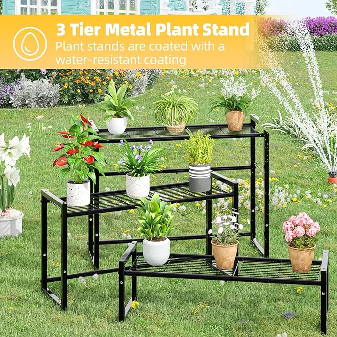 Simple Trending 3 Tier Metal Plant Stand Outdoor Indoor Waterproof, Stackable Heavy Duty Tall Plant Shelf Flower Pot Holder for Garden, Display Rack, Black - Image 4