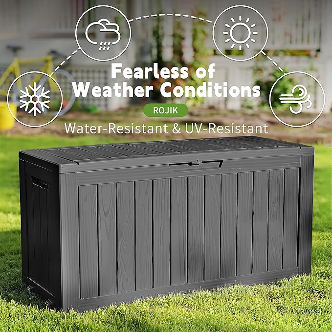 ROJIK Outdoor Storage Housing Deck Box - Waterproof Patio Furniture, Garden Tools, Cushions, Pool Accessories Storage Bench with Lockable Lid and Side Handles (Black 90 Gal) - Image 6