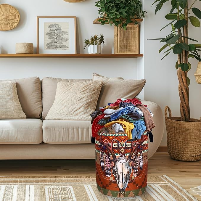 Longhorn Cattle Skull Laundry Basket Oxford Cloth Colorful Tribal Laundry Hamper - Image 2