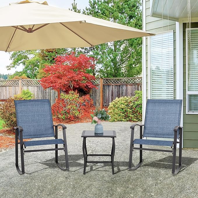 Vongrasig 3 Piece Outdoor Rocking Bistro Set, Textilene Fabric Small Patio Furniture Set, Front Porch Rocker Chairs Conversation Set with Glass Table for Lawn, Garden, Balcony, Poolside (Denim Blue) - Image 9
