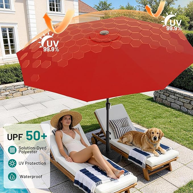 AreShark 9 FT Patio Umbrella for Outdoor, Outdoor Table Umbrella with Push Button Tilt and Crank, Outdoor Patio Umbrellas with 8 Sturdy Ribs for Market, Garden, Pool (Red) - Image 4