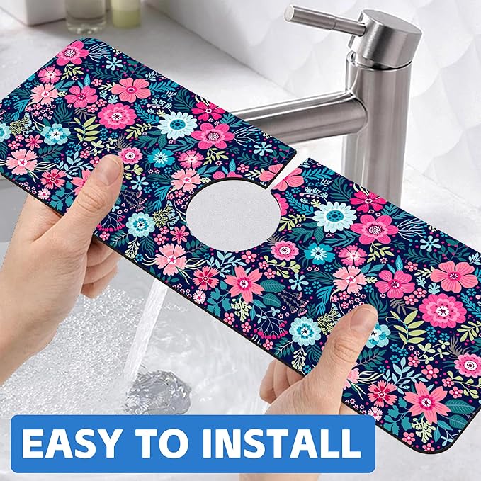 Modern Blue and Pink Floral Sink Faucet Absorbing Mat Sink Splash Guard Faucet - Image 6