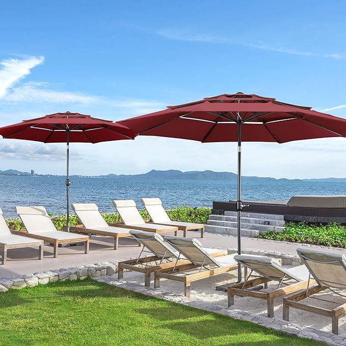 Yaheetech 3 Tier Patio Umbrella 10ft Vented Outdoor Large Market Table Umbrella with 8 Sturdy Ribs & 1.5" Umbrellla Pole, Double-layer Cloth & Push-button Tilting & Crank for Pool/Garden/Lawn Burgundy - Image 2