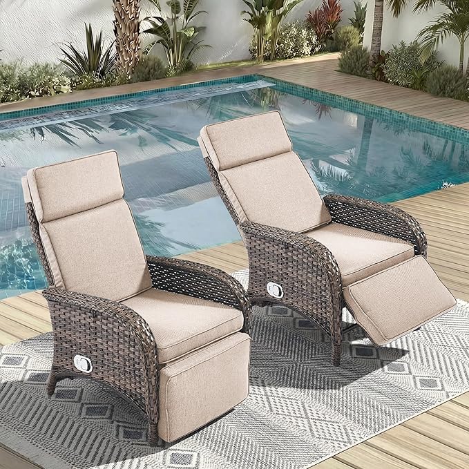 Zero Gravity Wicker Patio Recliner Chairs Set of 2 - Wicker Outdoor Lounge Chair with Adjustable Backrest & Footrest, All Weather Outdoor Reclining Chairs with Thick Cushion for Pool Deck Beige by JelwalyPatioFurnitureSet
