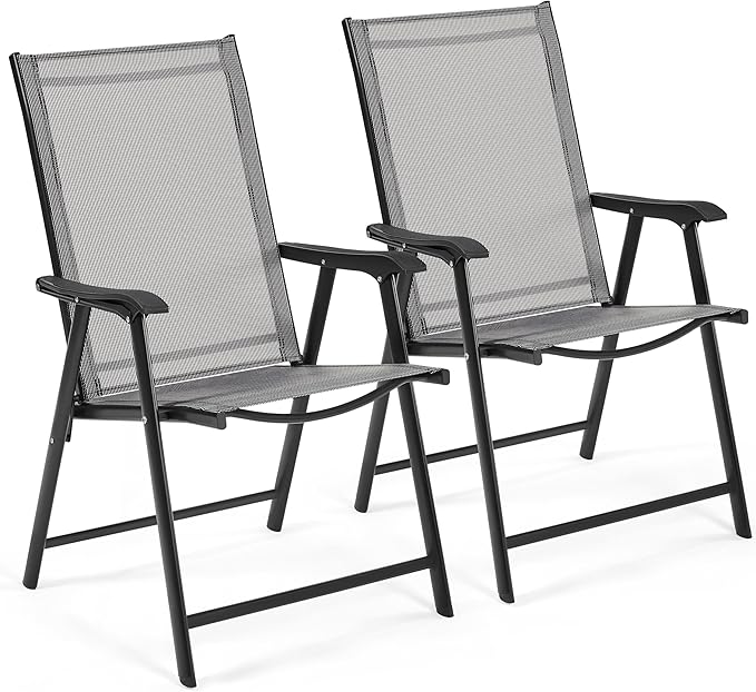 Yaheetech Patio Dining Chairs Set of 2 with Armrests, Outdoor Folding Chairs with Metal Frame and Backrest for Lawn, Garden, Yard and Poolside, Gray by Yaheetech
