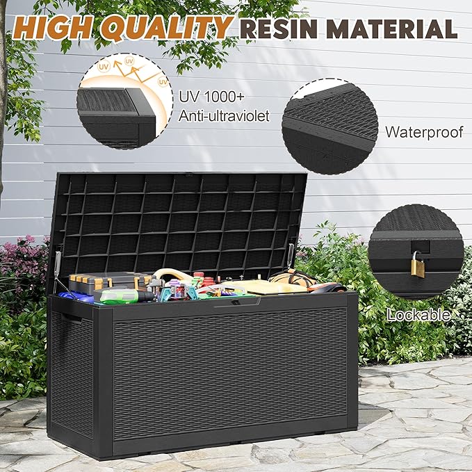Outdoor Storage Box, Resin Deck Boxes Indoor and outdoor, Waterproof Storage Box Lockable Lid (Black, 101 Gallon) - Image 3