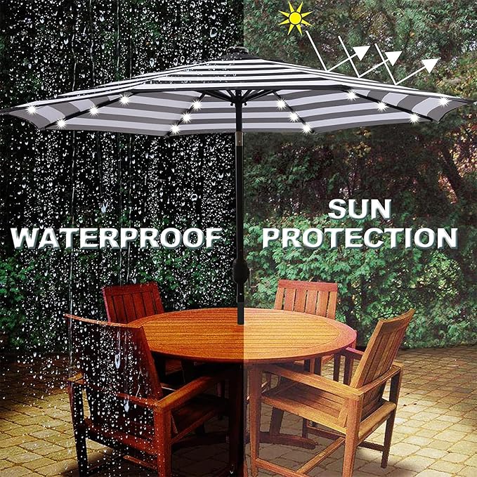 Blissun 9 ft Solar Umbrella 32 LED Lighted Patio Umbrella Table Market Umbrella with Tilt and Crank Outdoor Umbrella for Garden, Deck, Backyard, Pool and Beach (Black and White) - Image 5