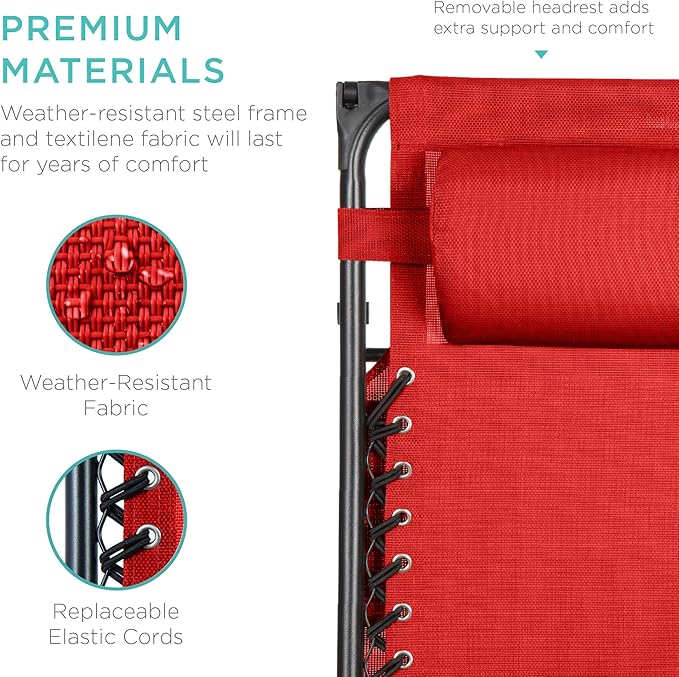Best Choice Products Folding Zero Gravity Outdoor Recliner Patio Lounge Chair w/Adjustable Canopy Shade, Headrest, Side Accessory Tray, Textilene Mesh - Crimson Red - Image 6