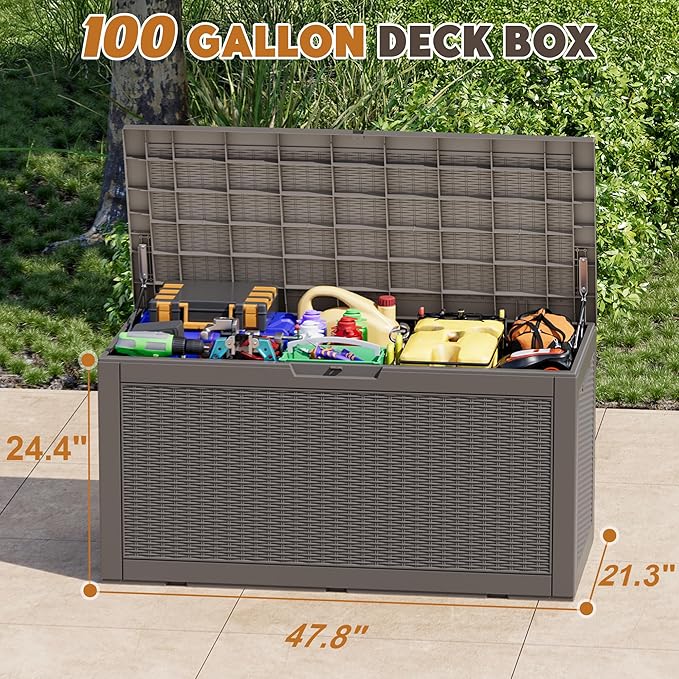 Outdoor Storage Box, Resin Deck Boxes Indoor and outdoor, Waterproof Storage Box Lockable Lid (Grey, 101 Gallon) - Image 2