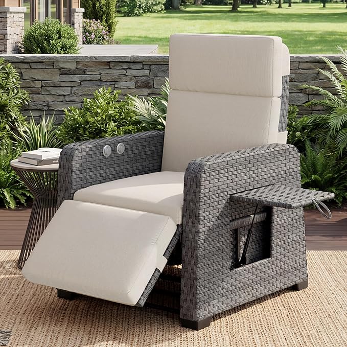 Restland Outdoor Recliner with Independent Adjustable Back & Footrest Wicker Patio Reclining Chair with Flip Table Comfortable Lounge Chair & Thick Cushion for Deck, Porch (Beige) by Restland