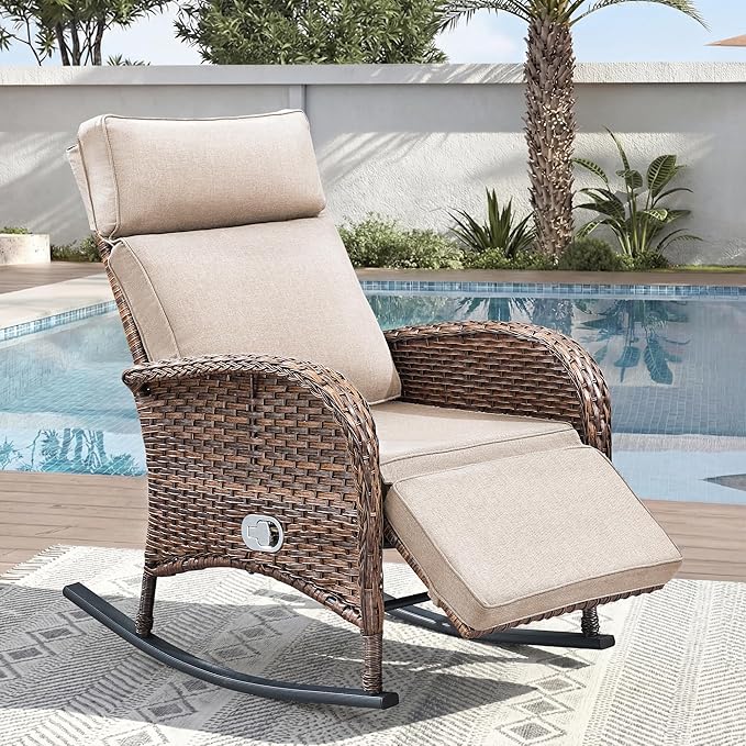 Zero Gravity Patio Rocking Wicker Recliner Chair - Wicker Outdoor Lounge Chair with Adjustable Backrest & Footrest, All Weather Reclining Rocker Chairs with Thick Cushion for Pool Deck Beige by JelwalyPatioFurnitureSet