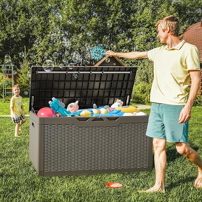 Greesum 100 Gallon Resin Deck Box Large Outdoor Storage with Cushions for Patio Furniture, Garden Tools, Pool Supplies, Weatherproof and UV Resistant, Lockable, Light Coffee - Image 3