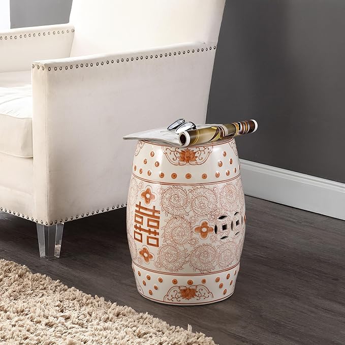 JONATHAN Y TBL1013D Double Happiness 18" Chinoiserie Ceramic Drum Indoor/Outdoor Garden Stool Bohemian, Coastal, Classic, Cottage, Traditional, Patio, Garden, Bathroom, Living Room, Orange/White - Image 2
