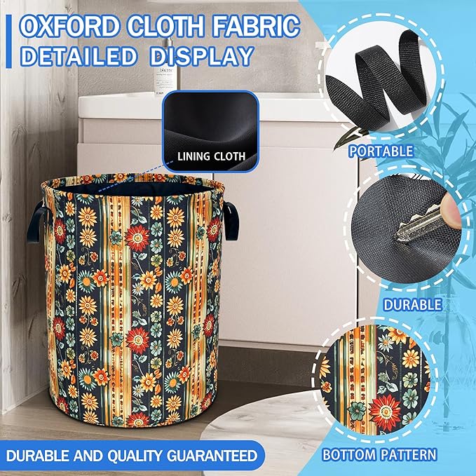 Folk Flower Art Laundry Basket Boho Floral Print Oxford Cloth Laundry Hamper - Image 2