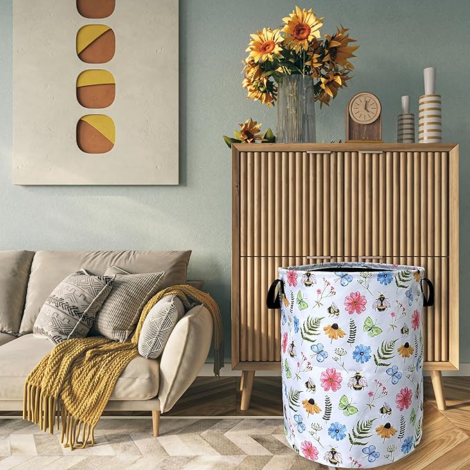 Cute Bee Floral Flowers Laundry Basket Foldable - Image 7