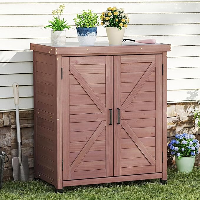 Outdoor Storage Cabinet & Potting Bench Table with Metal Top, Wooden Patio Furniture, Garden Workstation (Royal Brown, 36x31x17in) - Image 8