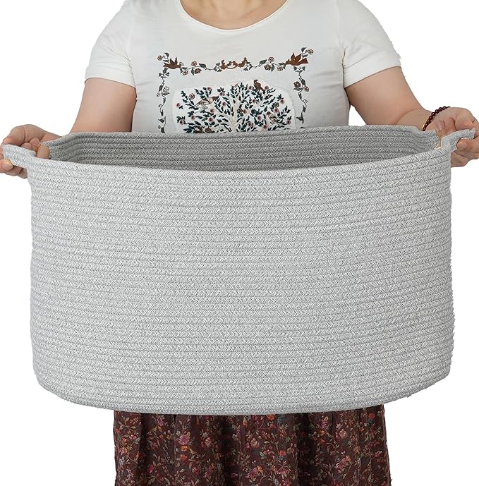 Large Rectangle Blankets Basket Living Room 22"x17"x12" Woven Cotton Rope by XUANGUO
