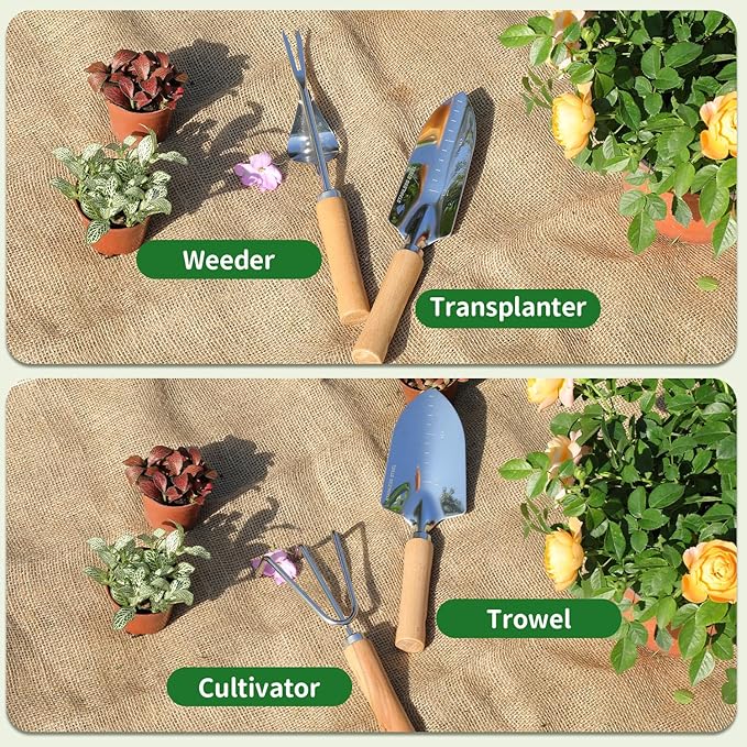 Gardening Tools 10-Piece Heavy Duty Stainless Steel Hand Tools with Durable Garden Tools Storage Tote,Rust-Proof Garden Tool Set, Ideal Gardening Gifts for Women Yellow Floral Pattern Design - Image 3