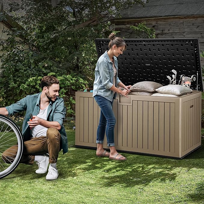 YITAHOME XXL 230 Gallon Large Deck Box,Outdoor Storage for Patio Furniture Cushions,Garden Tools and Pool Equipment with Flexible Divider,Waterproof,Lockable (Black&Brown) - Image 6