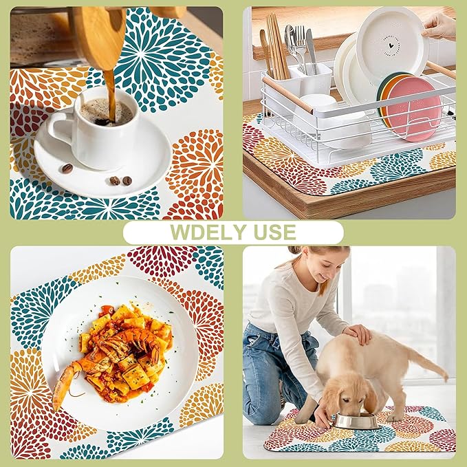 Abstract Floral Elements Dish Drying Mat Artifical Floral Kitchen Mat 16"x24" - Image 7