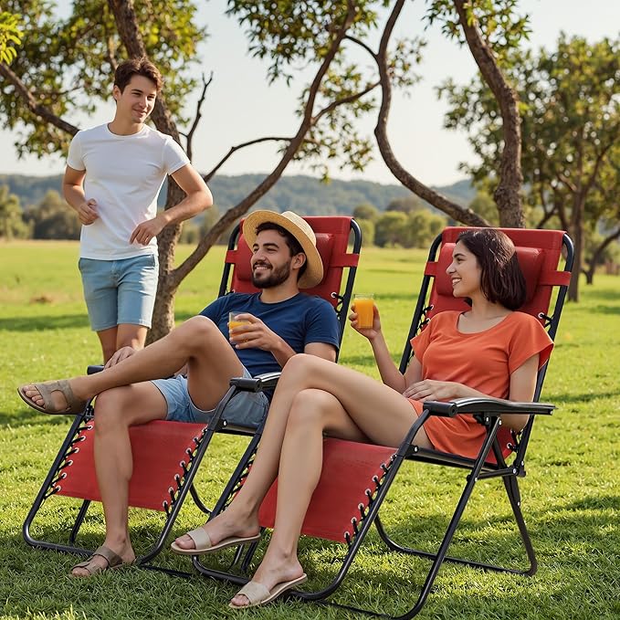 Homall Zero Gravity Patio Folding Lawn Reclining Lounge Chairs Outdoor Gravity Camp Chairs with Cup Holder Pillows for Poolside Backyard and Beach Set of 2 (Red) - Image 2