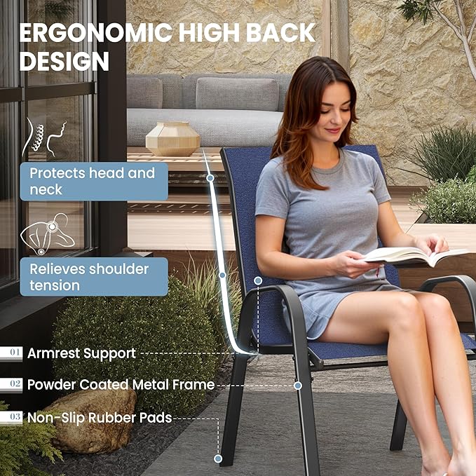Patio Dining Chairs Set of 4, Outdoor Stackable Dining Chairs High Back for All Weather, Patio Furniture for Backyard, Porch, Garden, Pool Deck (Blue) - Image 7