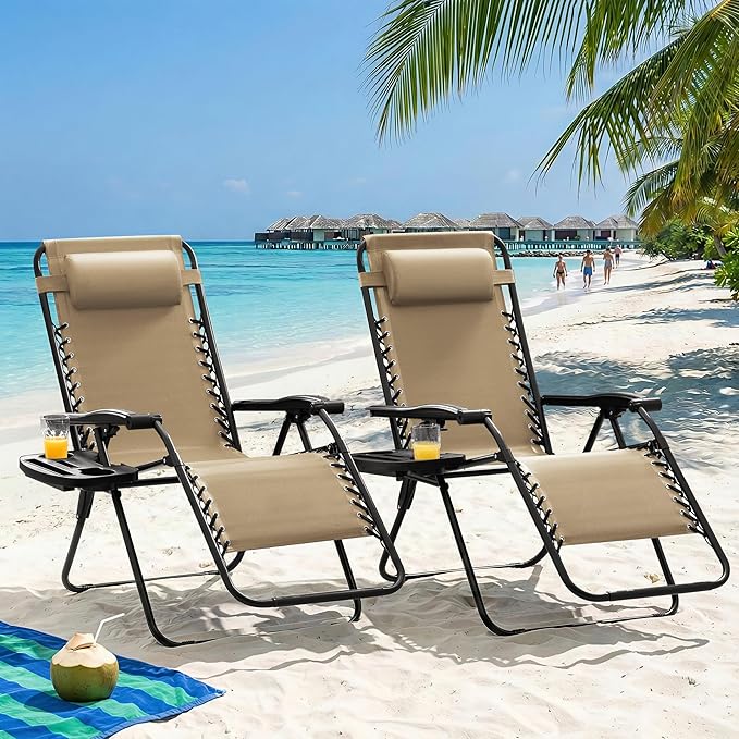 Homall Zero Gravity Chair Patio Folding Lawn Outdoor Lounge Gravity Camp Reclining Lounge Chair with Cup Holder Pillows for Poolside Backyard and Beach Set of 4 (Beige) - Image 2